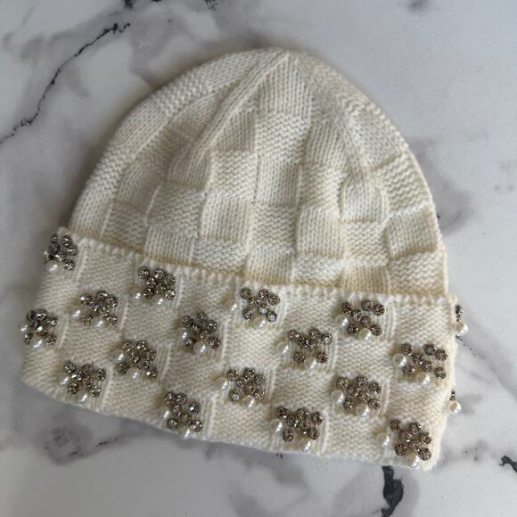 NEW Anthropologie Maeve Cream Checkered Crystal Embellished Beanie Hat - Picture 2 of 5
